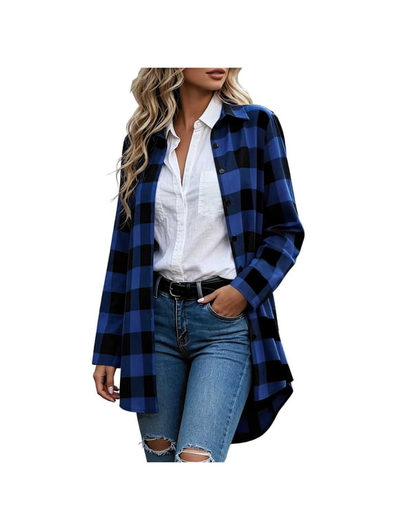 Cotton Button Down Shirts for Women Flannel Tunic Lapel Plaid Print Shirts Fashion Casual Fall Winter Jackets XL