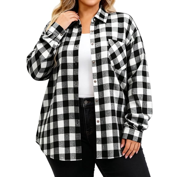 Horkkom Cotton Button Down Shirts for Women Loose Long Sleeve Plaid Print Flannel Shirts Casual Fall Lapel Tops with Pockets XXL