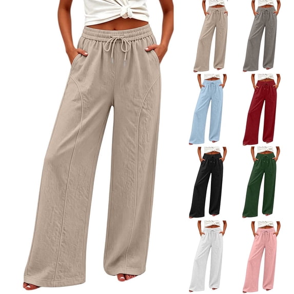 Horkkom Cotton Linen Pants Women Elastic Waist Drawstring Wide Leg Pants Summer Casual Loose Pants with Pockets L