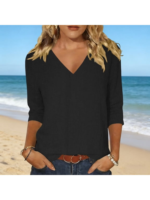Cotton Tops for Women Solid Color 3/4 Length Sleeve V Neck Tops Comfy Loose Casual Tops XL