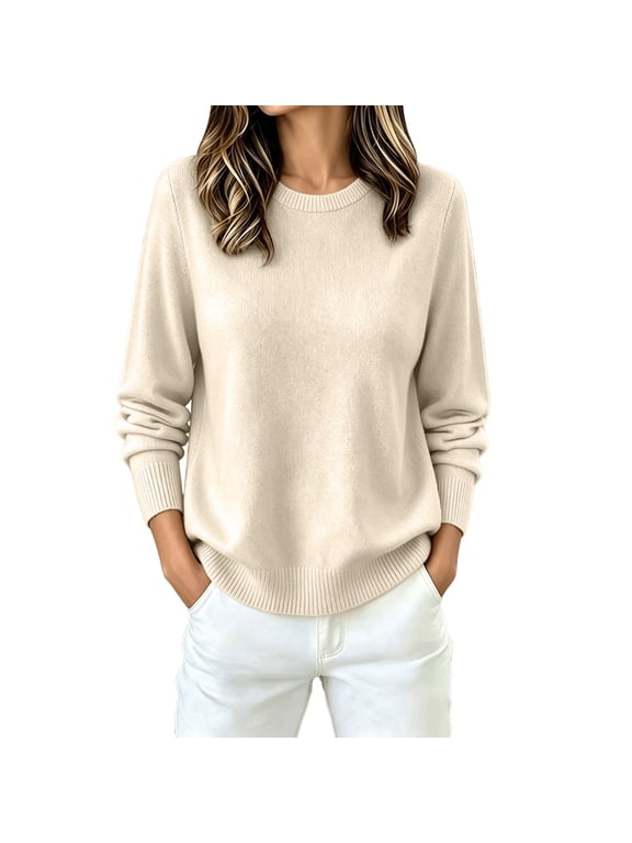 Crew Neck Sweater for Women Long Sleeve Solid Color Knit Sweater Warm Soft Pullover Sweaters, S-3XL