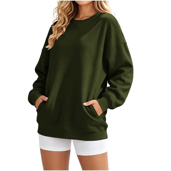 Horkkom Crew Neck Sweatshirts Women Casual Oversized Solid Color Tops Fall Loose Pullover Sweatshirts with Pockets XL