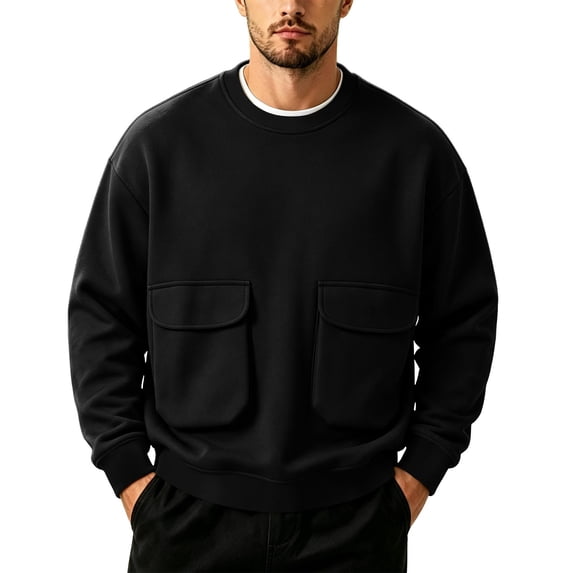 Horkkom Crewneck Sweatshirt Men Long Sleeve Work Casual Shirts Oversized Loose Sweatshirts with Pockets XL