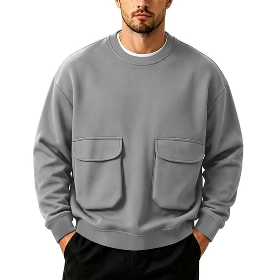 Horkkom Crewneck Sweatshirt Men Long Sleeve Work Casual Shirts Oversized Loose Sweatshirts with Pockets XXL