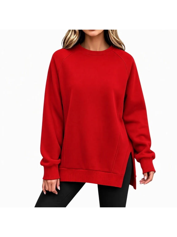 Crewneck Sweatshirts Women Fall Solid Color Pullover Sweatshirt Soft Side Split Sweatshirt XXL