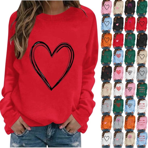 Horkkom Crewneck Sweatshirts Women Heart Print Valentines Day Sweaters Long Sleeve Pullover Heart Sweatshirts L, Gifts for Women