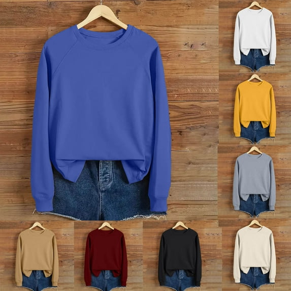 Horkkom Crewneck Sweatshirts Women Pullover Solid Color Plain Sweatshirt Fall Lightweight Sweatshirts, Gifts for Women