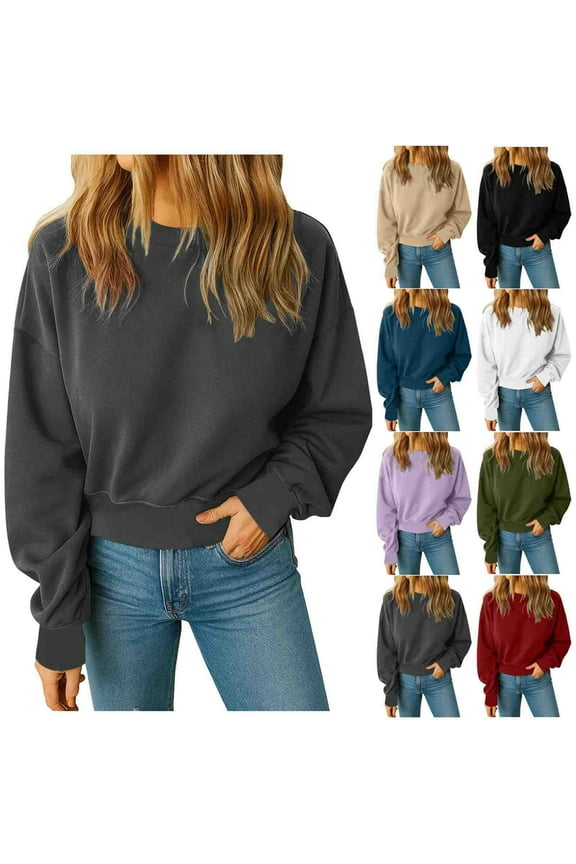 Crewneck Sweatshirts Women Solid Color Drop Shoulder Fleece Sweatshirts Cropped Pullover Sweatshirts L, Gifts for Women