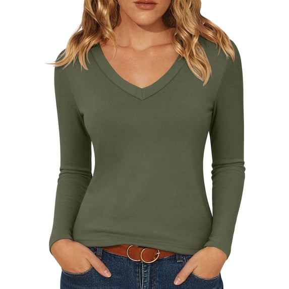 Horkkom Crop Tops for Women V Neck Long Sleeve Going Out Tops Slim Casual Fitted Basic Tees L