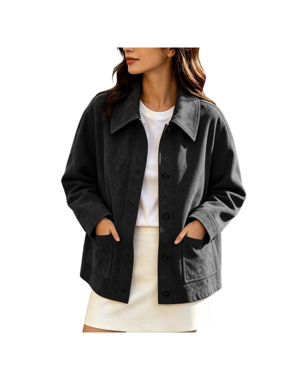 Cropped Jacket Women Button Down Long Sleeve Shacket Casual Fall Winter Suede Jacket with Pockets S