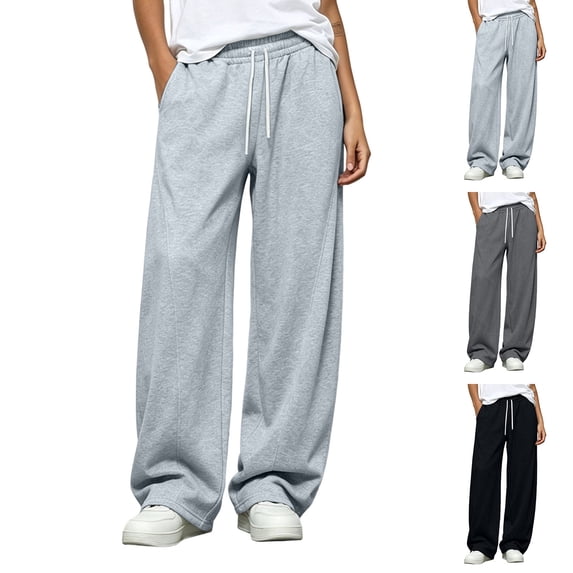 Horkkom Drawstring Pants Women Straight Leg Solid Color Elastic Waist Sweatpants Running Comfortable Loose Pants with Pockets, S-2X