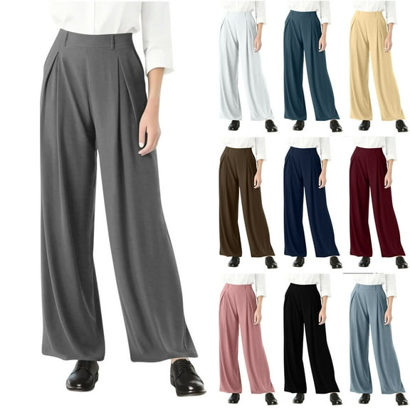Horkkom Dress Pants Women Casual Elastic Waist Wide Leg Pants Loose Work Pants with Pockets L