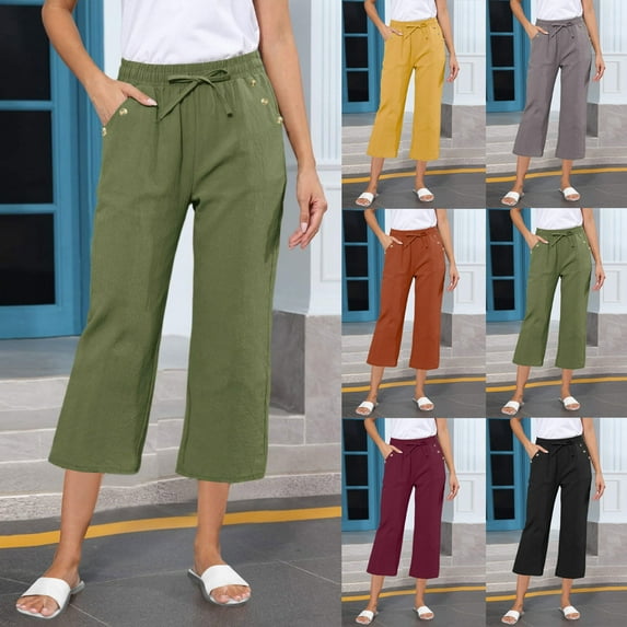 Horkkom Dress Pants Women Elastic Waist Drawstring Capris Pants Casual Solid Color Work Pants with Pockets 3XL, Gifts for Women