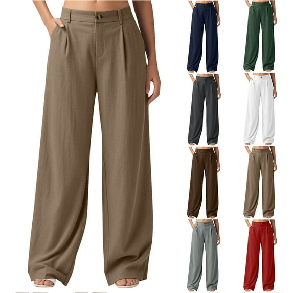 Horkkom Dress Pants Women Wide Leg Elastic Waist Pants Work Casual Pants Button Zipper Linen Pants with Pockets L, Gifts for Women