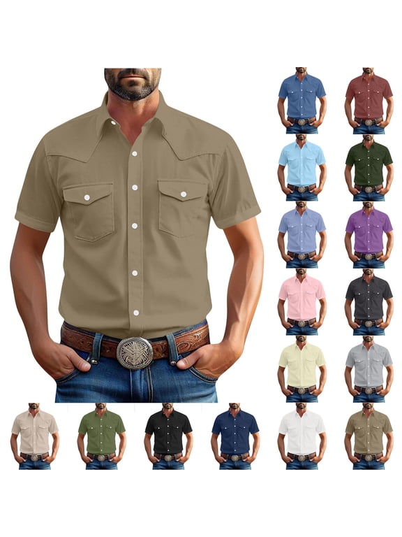 Dress Shirts for Men Summer Solid Color Short Sleeve Shirt Work Casual Button Down Shirt with Pockets L, Gifts for Men