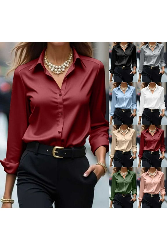 Dress Shirts for Women Long Sleeve Solid Color Button Down Shirts Work Office Blouses L, Gifts for Women