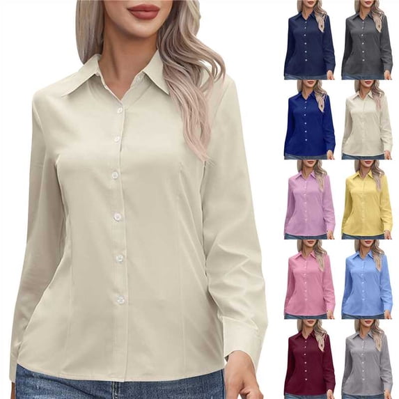 Horkkom Dress Shirts for Women Plus Size Long Sleeve Solid Color Button Down Shirts Casual Business Work Shirts M