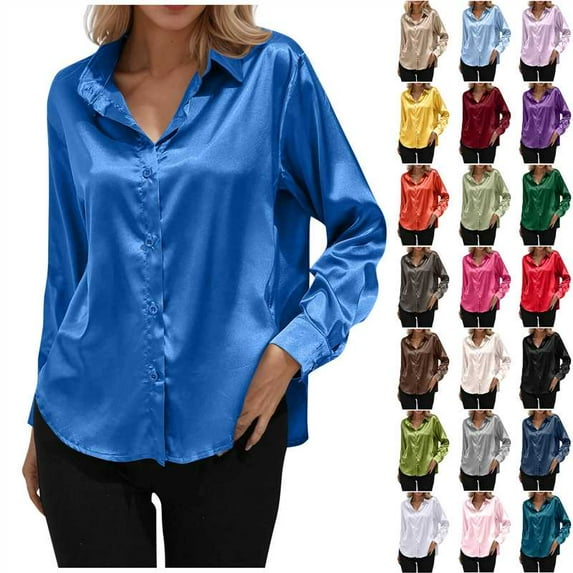 Horkkom Dress Shirts for Women Silk Long Sleeve Button Down Shirts Business Office Work Tops L