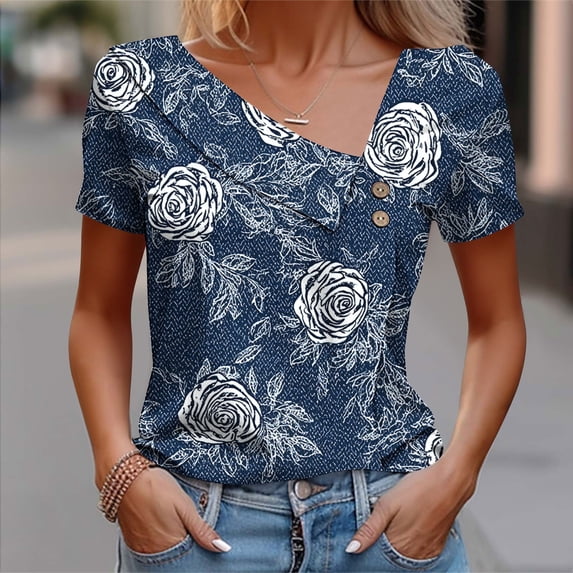 Horkkom Dress Shirts for Women Spring Summer V Neck Short Sleeve Blouses Floral Print Dressy Business Casual Tops M