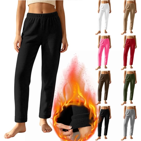 Horkkom Elastic Waist Pants for Women Straight Leg Fleece Lined Comfy Pants Thick Warm Winter Pants with Pockets, S-2XL