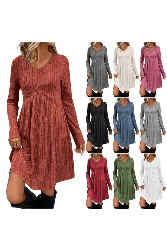 Fall Dresses for Women 2025 V Neck Solid Color Long Sleeve Sweater Dress Casual Mini Knit Dress with Pockets L