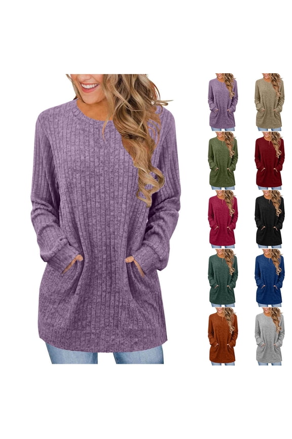Fall Sweaters for Women Crewneck Solid Color Long Sleeve Tops Loose Casual Pullover Sweaters with Pockets L, Gifts for Women