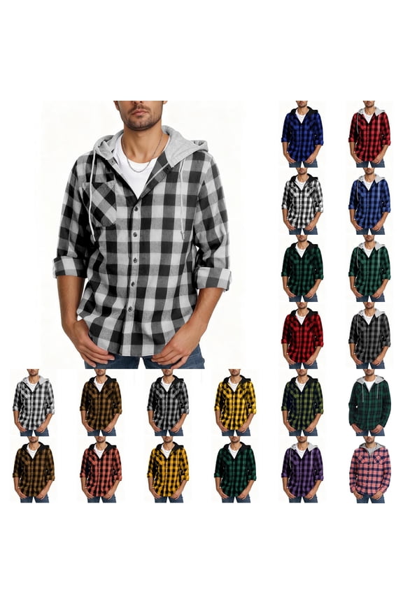 Flannel Hoodie for Men Button Down Long Sleeve Plaid Shirt Fall Thin Casual Jacket with Pocket XL