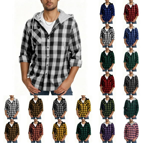 Horkkom Flannel Hoodie for Men Button Down Long Sleeve Plaid Shirt Fall Thin Casual Jacket with Pocket XXL