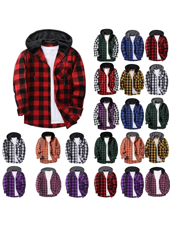 Flannel Hoodie for Men Button Long Sleeve Plaid Shirt Fall Flannel Jacket with Pocket Drawstring XXL, Gifts for Men