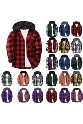 Flannel Hoodie for Men Button Long Sleeve Plaid Shirt Fall Flannel Jacket with Pocket Drawstring XXL, Gifts for Men