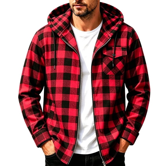 Horkkom Flannel Hoodie for Men Loose Button Up Flannel Shirt Casual Plaid Print Shirt with Pockets M