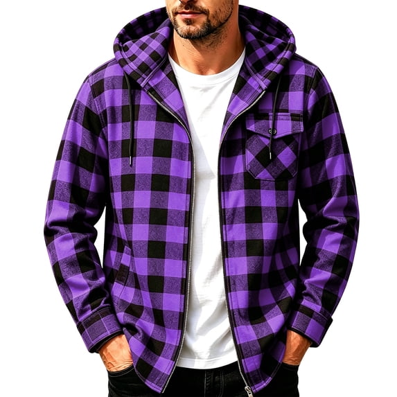 Horkkom Flannel Hoodie for Men Loose Button Up Flannel Shirt Casual Plaid Print Shirt with Pockets M