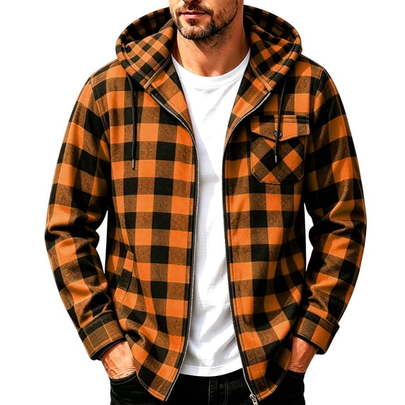Horkkom Flannel Hoodie for Men Loose Button Up Flannel Shirt Casual Plaid Print Shirt with Pockets S