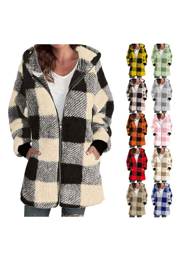Flannel Jacket Women Shacket Fleece Fuzzy Zip Up Jackets Casual Loose Winter Coats with Pockets XXL
