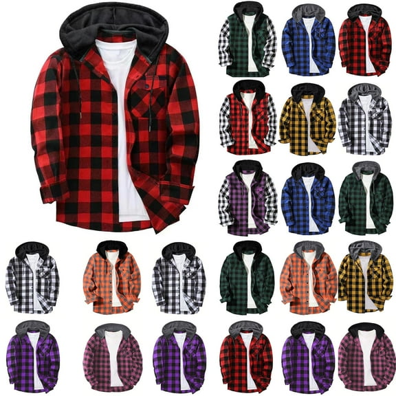 Horkkom Flannel Jacket for Men Long Sleeve Button Plaid Shirt Fall Flannel Shirt with Hood Drawstring Pocket XL, Gifts for Men