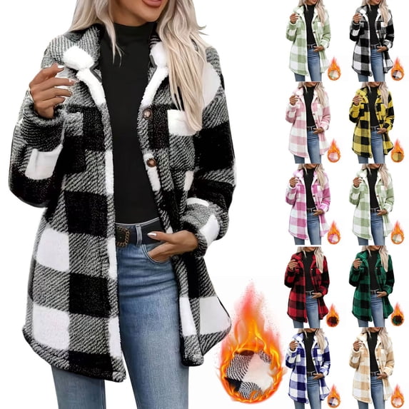 Horkkom Flannel Jacket Women Button Down Long Sleeve Winter Coats Fuzzy Warm Plaid Jacket with Pockets, S-2XL