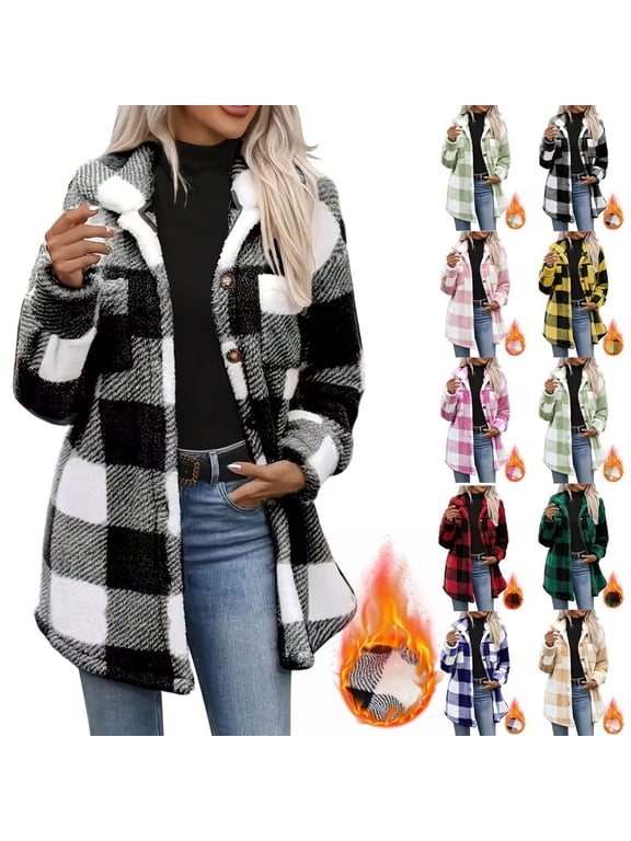 Flannel Jacket Women Button Down Long Sleeve Winter Coats Fuzzy Warm Plaid Jacket with Pockets, S-2XL