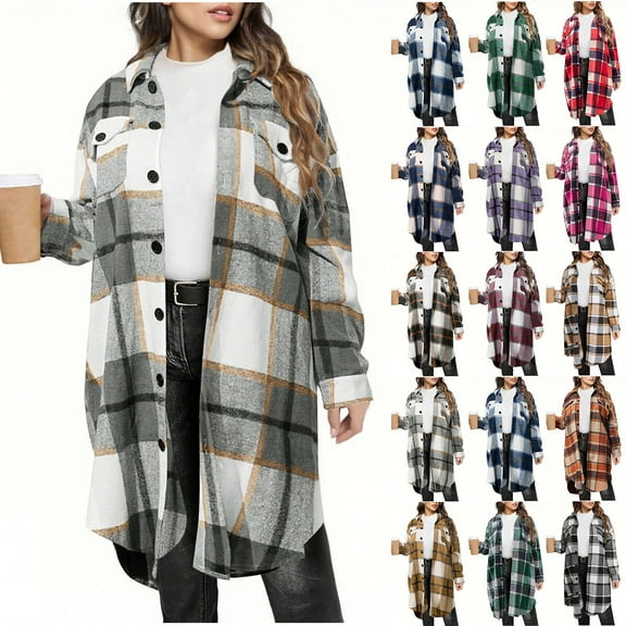 Horkkom Flannel Shirt Women Button Down Plaid Shirts Jacket Casual Loose Shacket Long Jacket with Pocket L