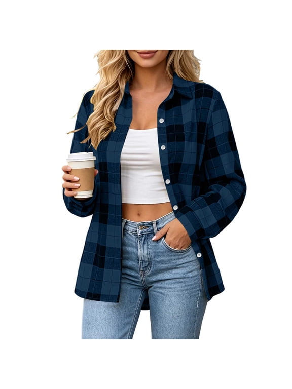 Flannel Shirt Women Cotton Button Down Long Sleeve Lapel Plaid Print Shirts Casual Office Fall Jackets L