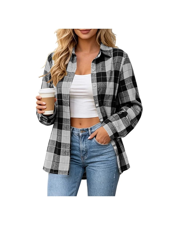 Flannel Shirt Women Cotton Button Down Long Sleeve Lapel Plaid Print Shirts Casual Office Fall Jackets L