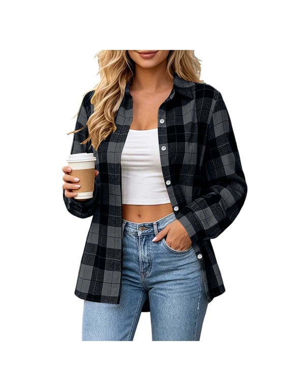 Flannel Shirt Women Cotton Button Down Long Sleeve Lapel Plaid Print Shirts Casual Office Fall Jackets XL