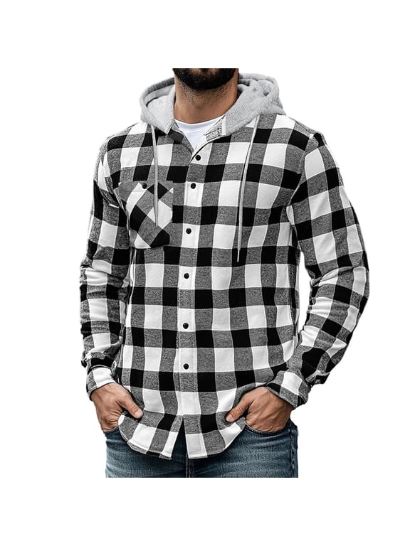 Flannel Shirt for Men Button Up Hood Plaid Print Shirt Casual Cotton Long Sleeve Fall Shirt with Pockets XL