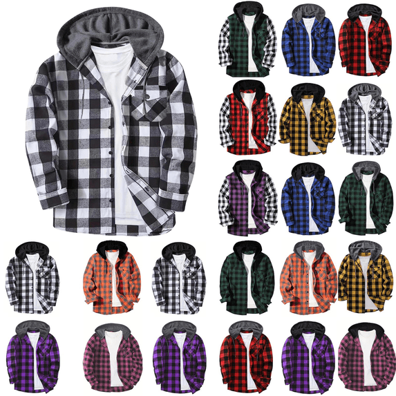 Horkkom Flannel Shirt for Men Hood Button Up Plaid Print Shirt Fashion Fall Shirt with Pockets L, Gifts for Men