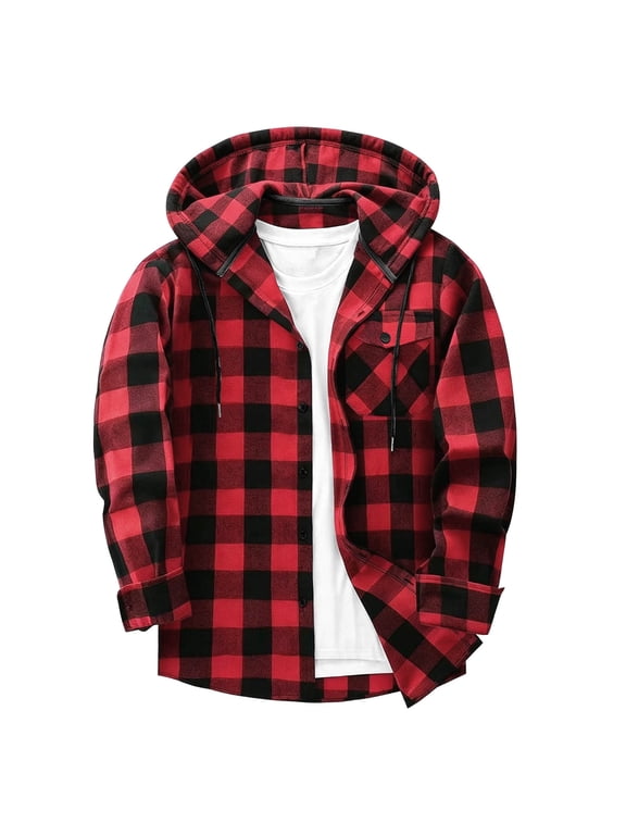 Flannel Shirt for Men Hood Button Up Plaid Print Shirt Long Sleeve Fall Shirt with Pockets L