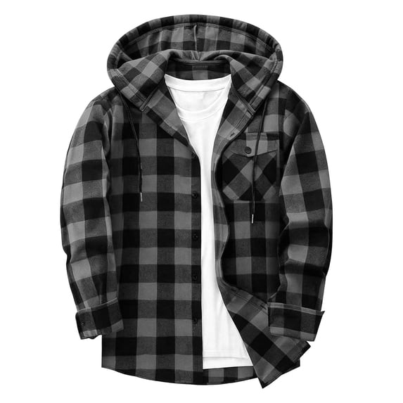 Horkkom Flannel Shirt for Men Hood Button Up Plaid Print Shirt Long Sleeve Fall Shirt with Pockets XXL