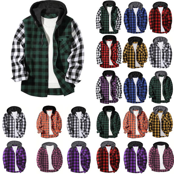 Horkkom Flannel Shirt for Men Plaid Print Hood Button Up Shirt Plaid Print Long Sleeve Fall Shirt with Pockets M, Gifts for Men