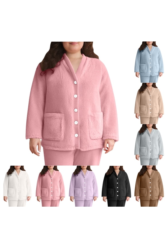 Fleece Cardigans for Women Button Fuzzy Pajama Tops V Neck Long Sleeve Sleepwear with Pockets S