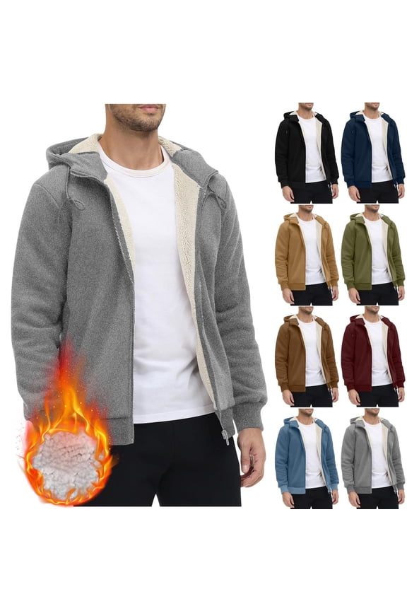 Fleece Hoodie Men Fuzzy Drawstring Zip Up Hoodie Warm Long Sleeve Winter Jackets XXL