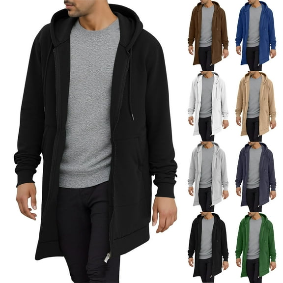 Horkkom Fleece Hoodie Men Long Sleeve Solid Color Zip Up Hoodie Warm Long Winter Coats with Pockets S