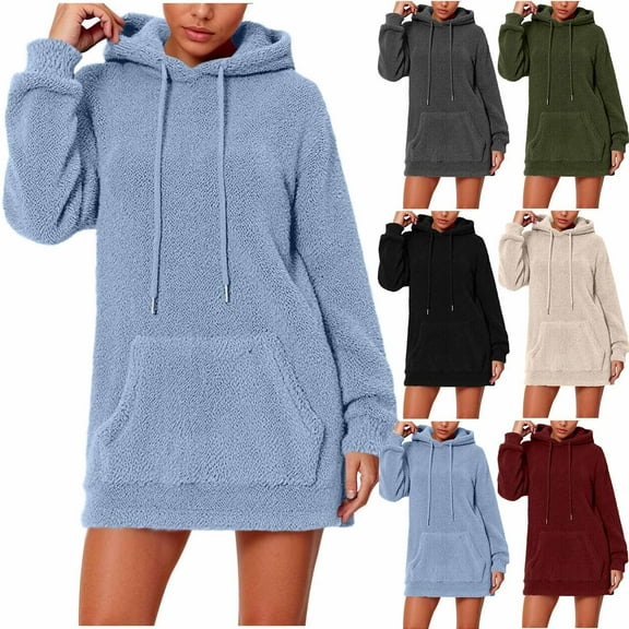 Horkkom Fleece Hoodie Women Pullover Fuzzy Soft Long Hoodies Casual Loose Sweatshirts with Pocket Drawstring S